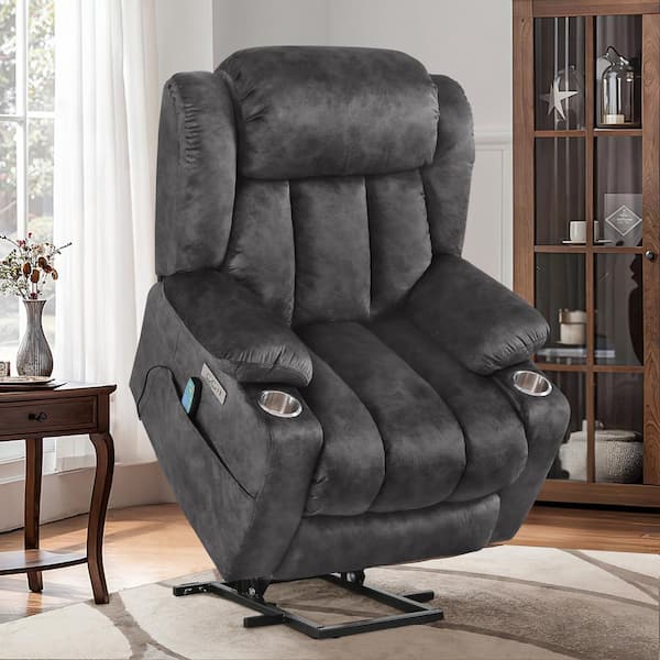 Jupiter Oversized Dark Gray Microfiber Power Lift Assist Power Recliner Chair with Massage and Heat for Elderly