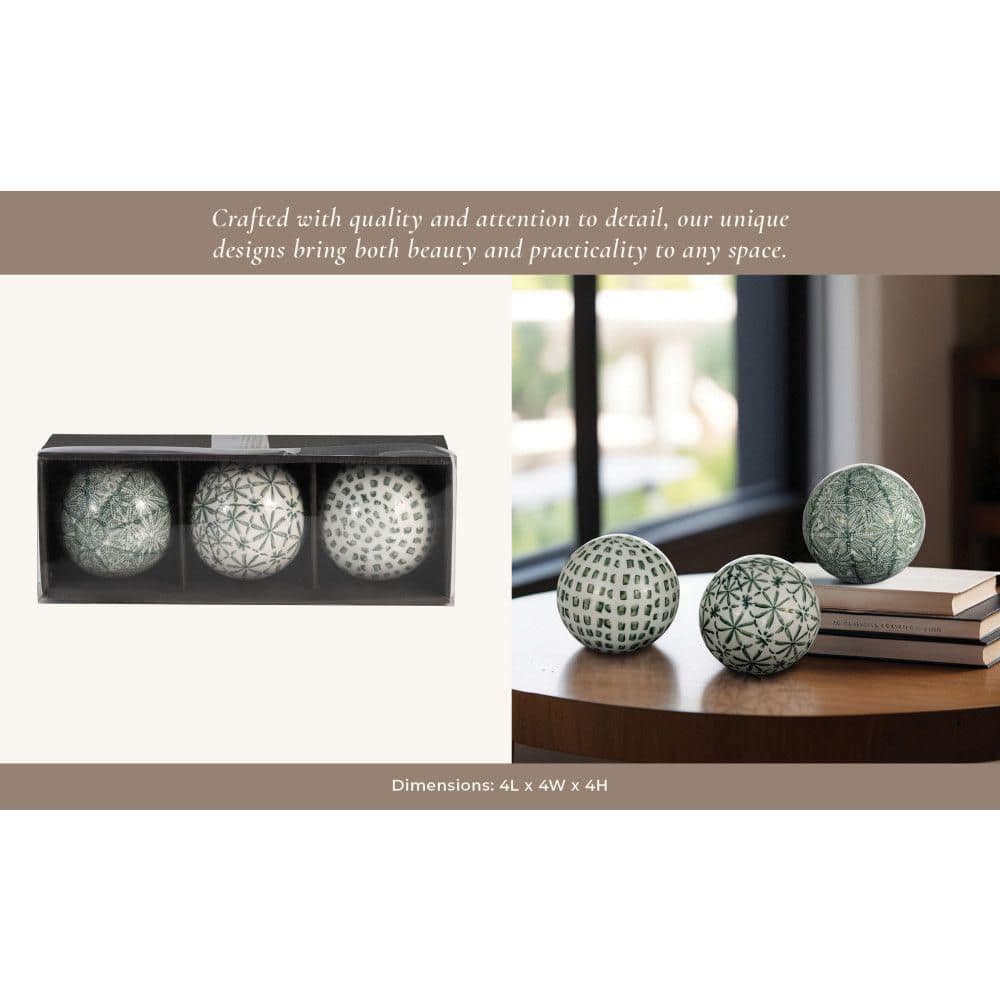 Set of 3 Green and White Ceramic Decorative Orbs