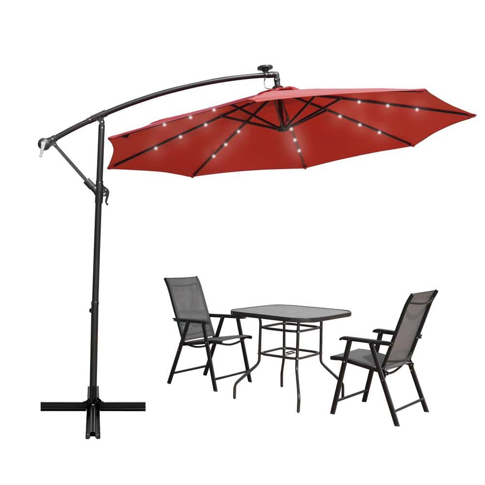 10' Red Cantilever Patio Umbrella with Solar LED and Steel Frame