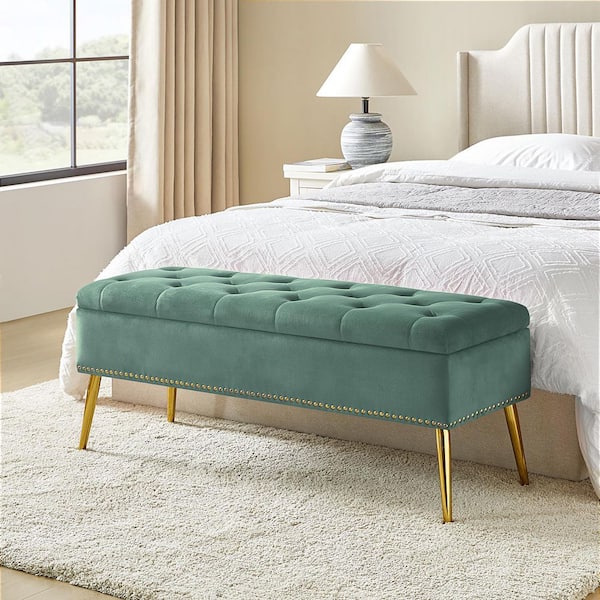 JAYDEN CREATION Hippolytus Classic Sage 45.5 in. Polyester Button-Tufted Storage Bedroom Bench with Nailhead Trim