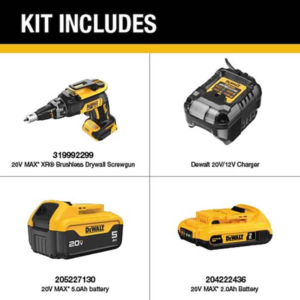 XR 20V MAX Lithium-Ion Cordless Brushless Screw Gun with 20V MAX 5.0 Ah and 2.0 Ah Battery Packs and Charger