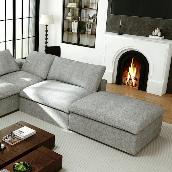 39 in. Gray Barong Linen Flannel Fabric Upholstered Modular Armless Comfy Sofa Coffee Table Ottoman for Apartment
