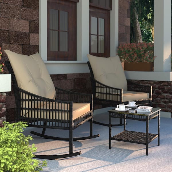 Black 3-Piece Patio Wicker Outdoor Rocking Chair Set with Beige Cushions and Pillow