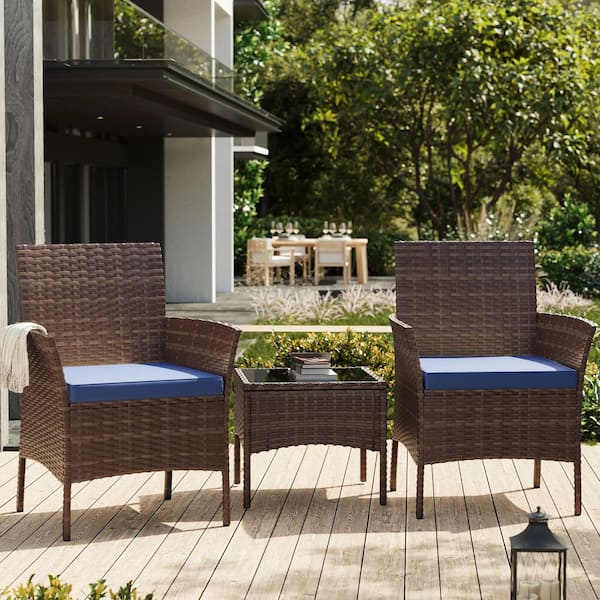 3-Piece Outdoor Rattan Seating Group with Cushions, Patio Bistro Set with Table-Ideal for Garden (Set of 2)