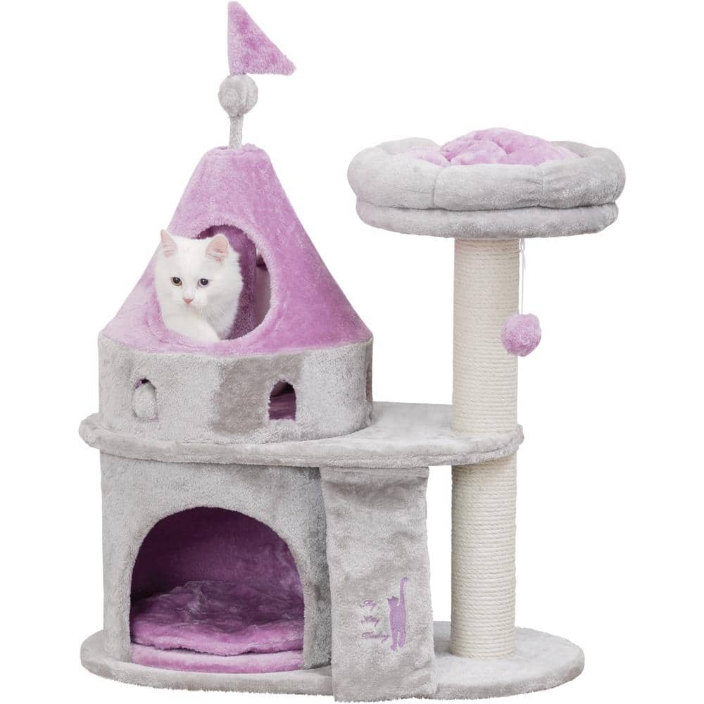 Gray and Lilac Sisal Castle Cat Tree with Removable Cushion