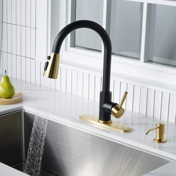 Stainless Steel Single Handle Pull Down Sprayer Kitchen Faucet with 3-Mode Spray, Soap Dispenser in Black and Gold