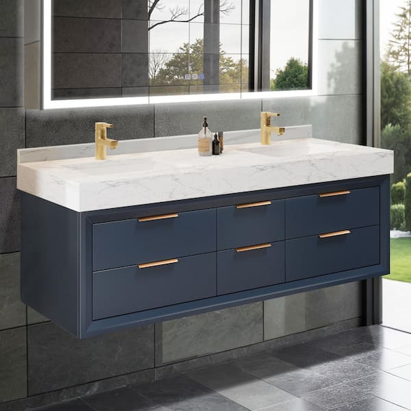 Lonni Floating Bathroom Vanity in Blue Solid Oak/White Marble Countertop and Lights 60 in. W x 21 in. D x 21.3 in. H