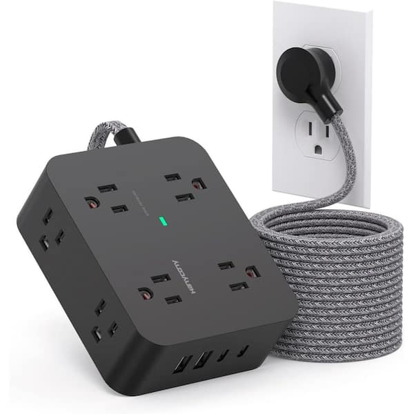 Ahfiwaso 15 ft. Flat Plug Surge Protector Power Strip, Extension Cord with 8 Widely AC Outlets and 4 USB Ports (2 USB-C), Black