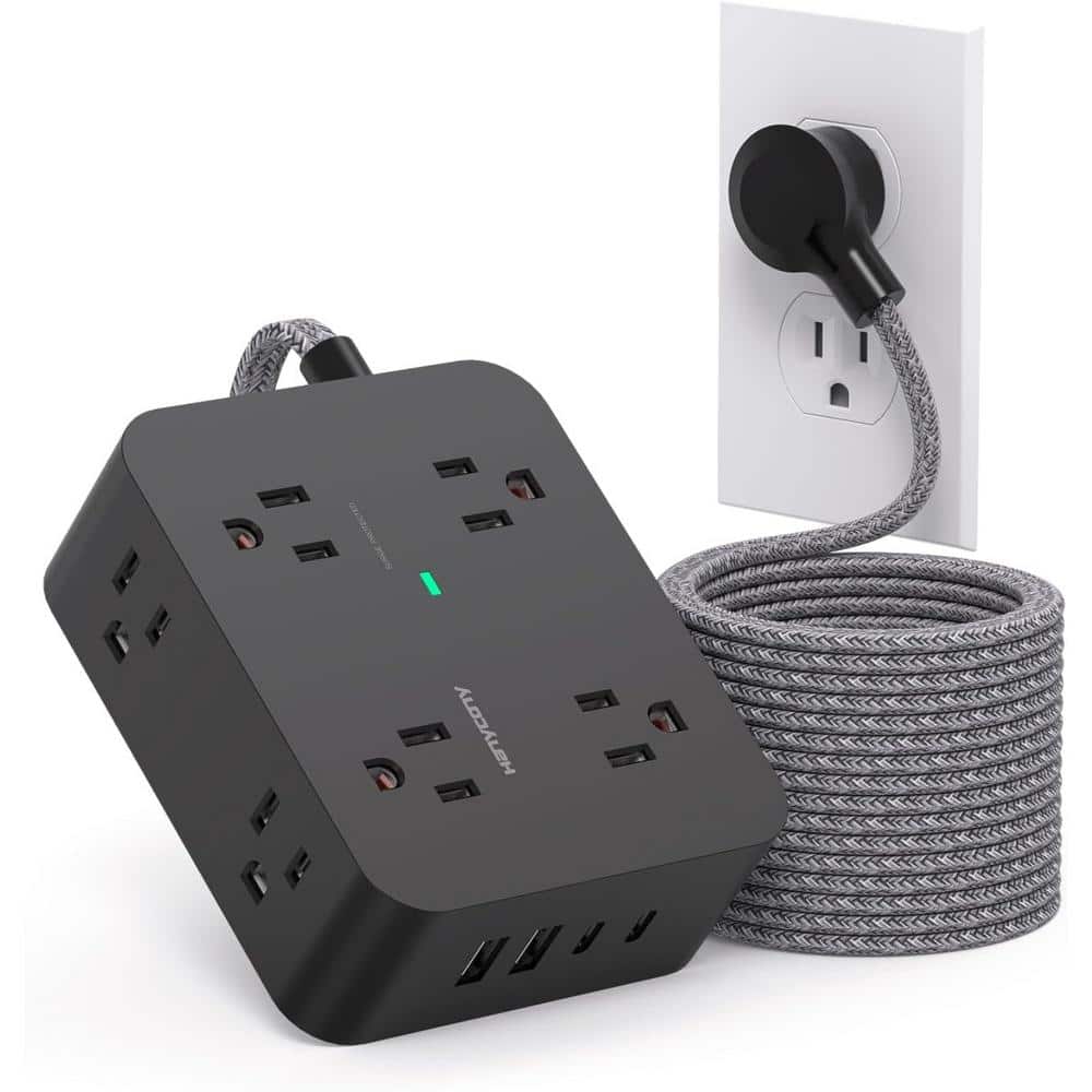 15 ft. Flat Plug Surge Protector Power Strip, Extension Cord with 8 Widely 