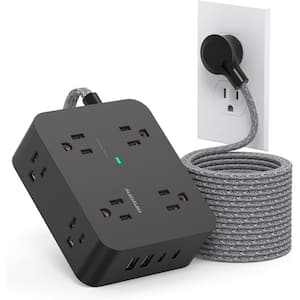 15 ft. Flat Plug Surge Protector Power Strip, Extension Cord with 8 Widely AC Outlets and 4 USB Ports (2 USB-C), Black