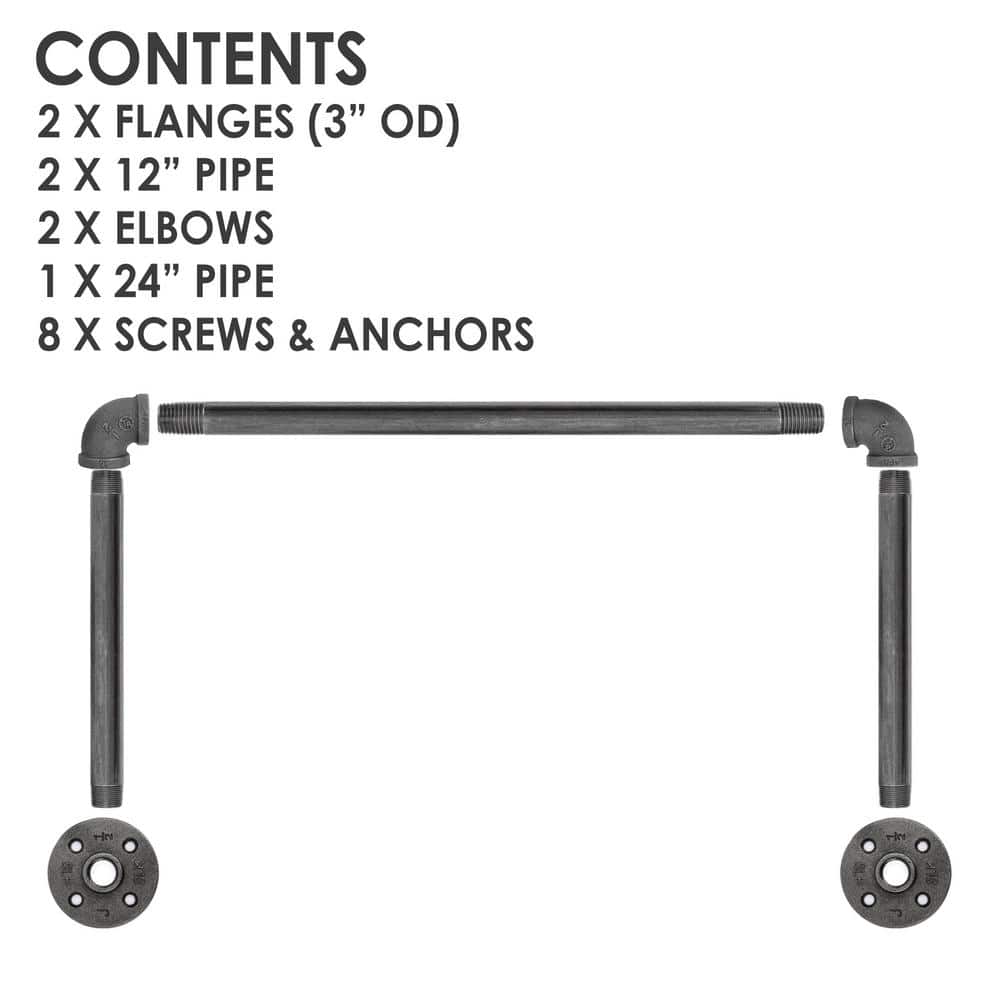 2 ft Black Industrial Steel Pipe Wall Mounted Clothing Rack