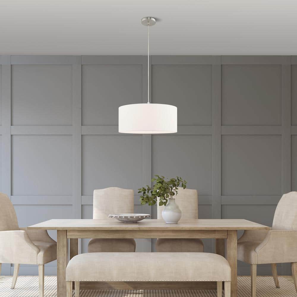 Brushed Nickel Drum Pendant with Off-White Fabric Shade