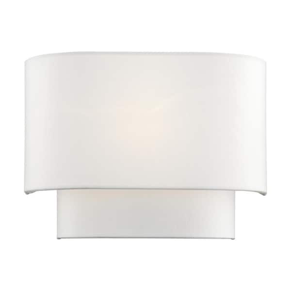 Manorwood 11 in. 1-Light White ADA Wall Sconce with Off-White Fabric Shade