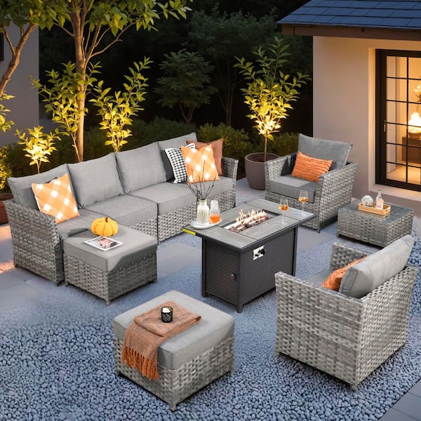 Toject Eufaula Gray 10-Piece Wicker Modern Outdoor Patio Conversation Sofa Set with a Steel Fire Pit and Dark Gray Cushions