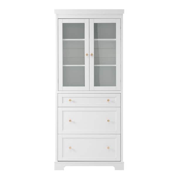 30.1 in. W x 15.7 in. D x 70.1 in. H White MDF Freestanding Linen Cabinet with Soft-Close Glass Doors,Adjustable Shelves
