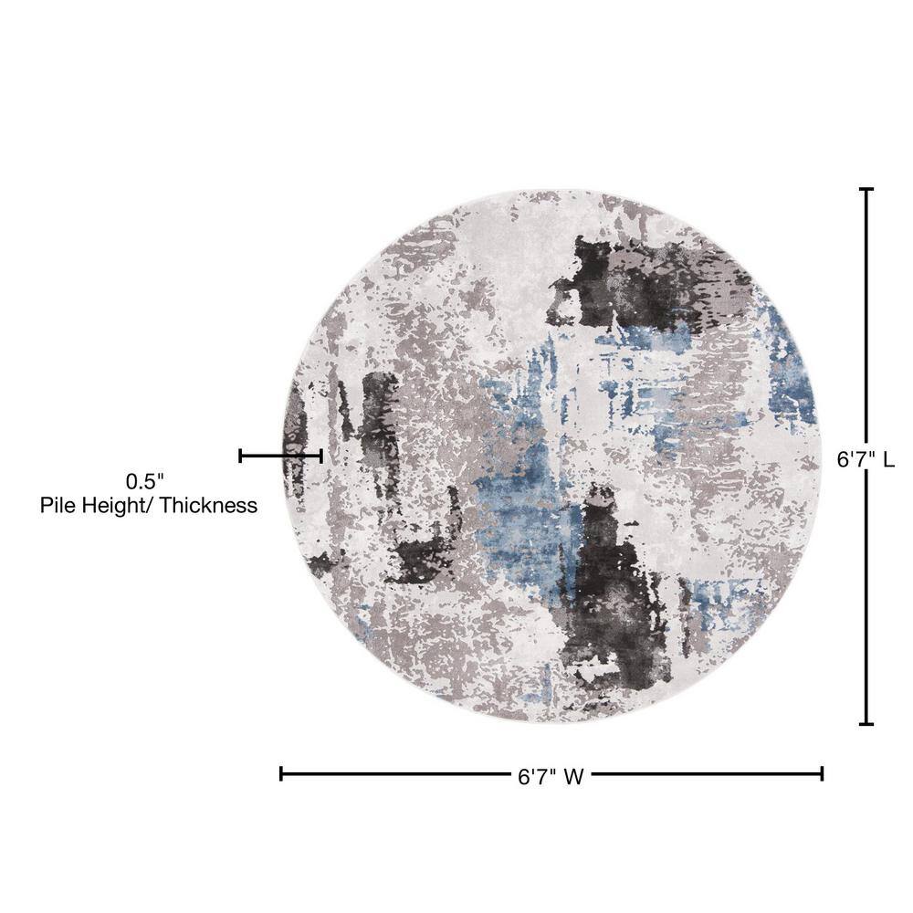 6'7" Round Gray Abstract Synthetic Area Rug