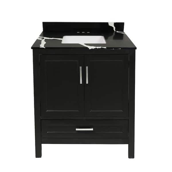 Amluxx Salerno 31 in. W x 22 in. D Bath Vanity in Espresso with Quartz Stone Vanity Top in Calacatta Black with White Basin