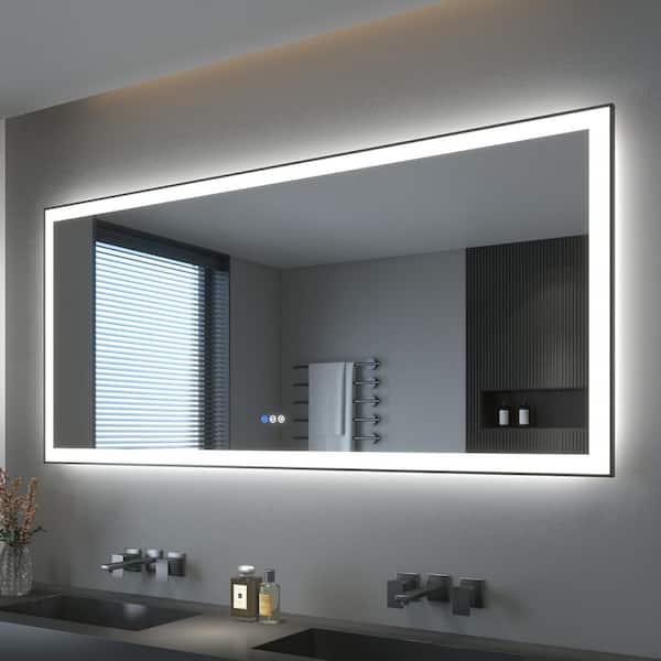 77 in. W x 36 in. H Rectangular Framed LED Anti-Fog Wall Bathroom Vanity Mirror in Black with Backlit and Front Light