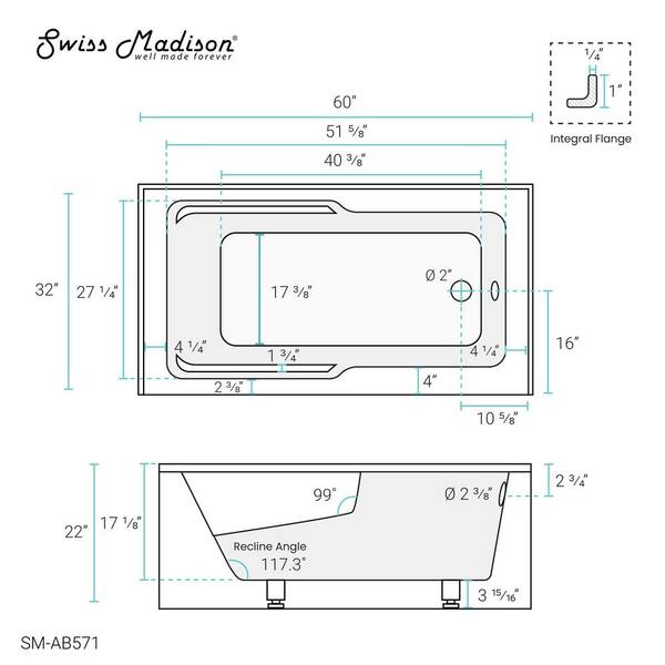 EVIVA Clair 60-Inch Acrylic Bathtub Non-Slip Deep Indonesia