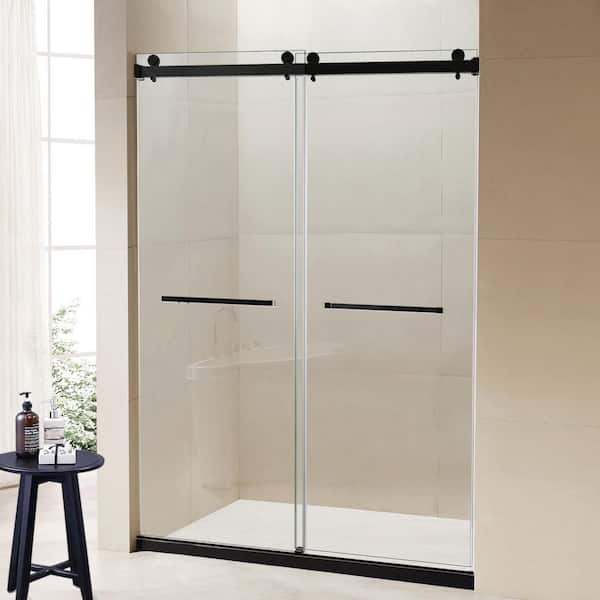 60 in. W x 76 in. H Double Sliding Frameless Shower Door in Black Finish with Tempered Glass