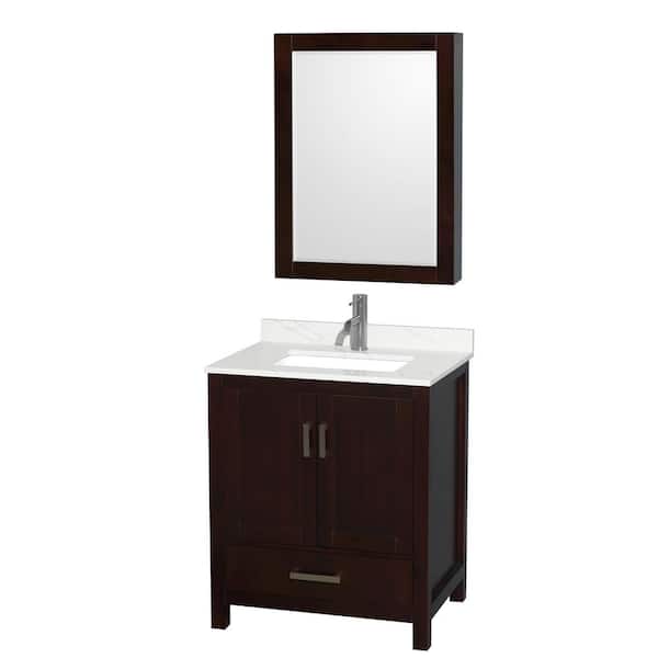 Wyndham Collection Sheffield 30 in. W x 22 in. D x 35 in. H Single Bath Vanity in Espresso with Giotto Quartz Top and Mirror