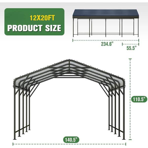 VIWAT 12 ft. W x 20 ft. D Metal Carport, Car Canopy and Shelter