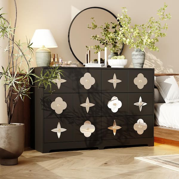 FUFU&GAGA Black 6-Drawers 47.2 in. Width Dresser, Chest of Drawers, Side Storage Organizer with Flower and Star Shape Mirrors
