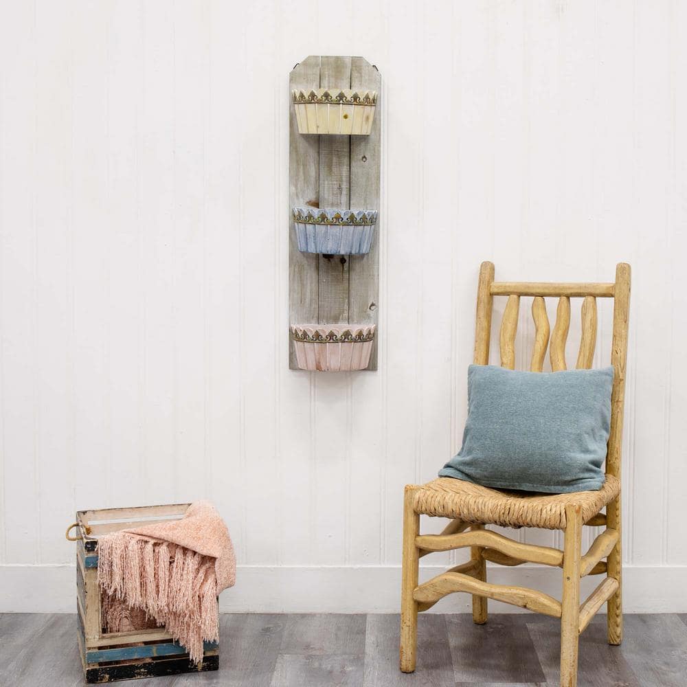 Rustic Wooden 35" Triple Basket Wall Planter for Indoor/Outdoor