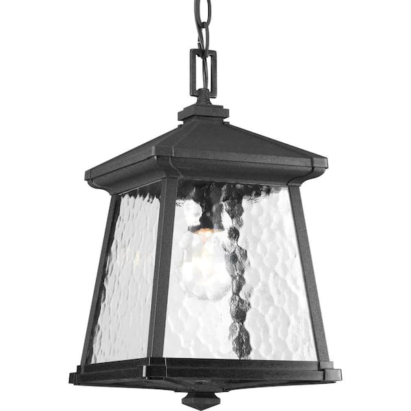 Progress Lighting Mac Collection 1-Light Textured Black Water Patterned Glass Craftsman Outdoor Hanging Lantern Light