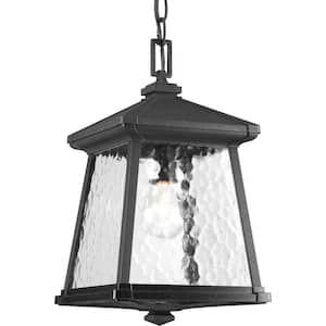 Mac Collection 1-Light Textured Black Water Patterned Glass Craftsman Outdoor Hanging Lantern Light
