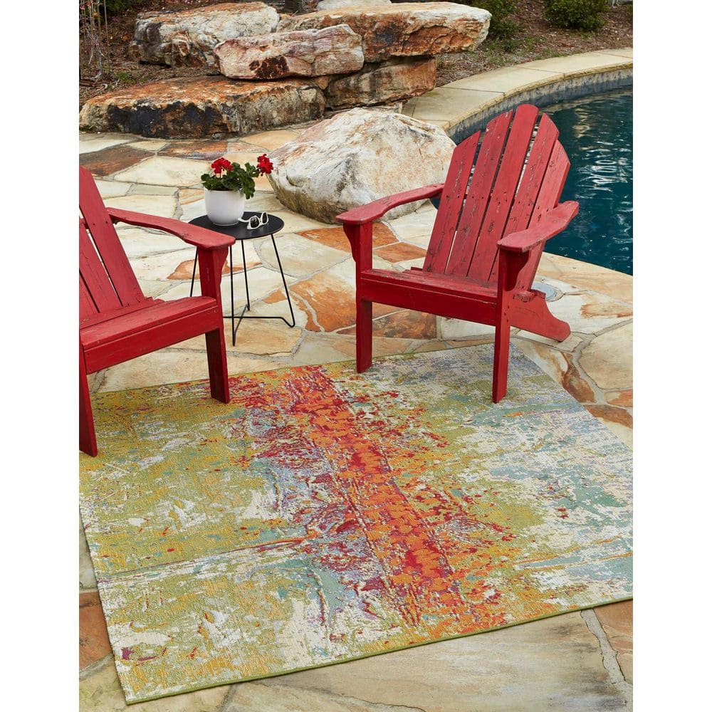 Vibrant Abstract Outdoor Square Rug - 6' Multicolor Easy-Care