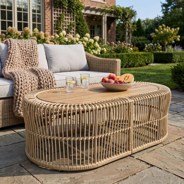47.24 in. Light Brown Oval Teak Finish Acacia Wood Top Coffee Table with Hand-Woven Wicker Frame