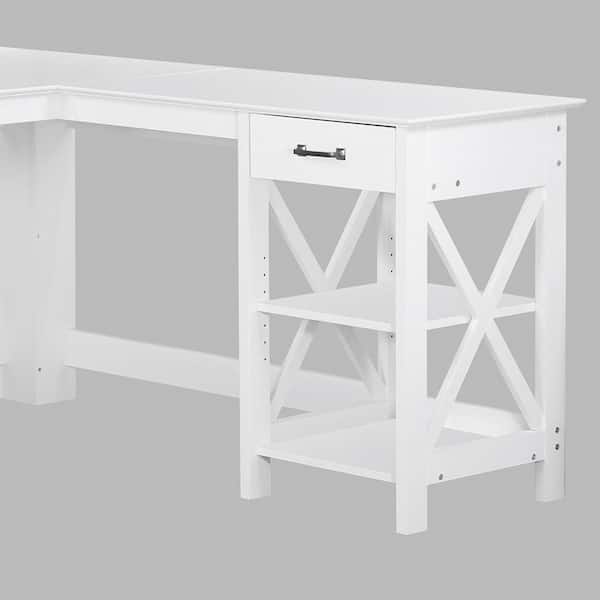 Draylen White Solid Wood Study Desk with Drawers /Rubberwood/Curved/0.