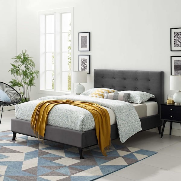 McKenzie Gray Wood Frame Queen Platform Bed with Tufted Upholstered Performance Velvet