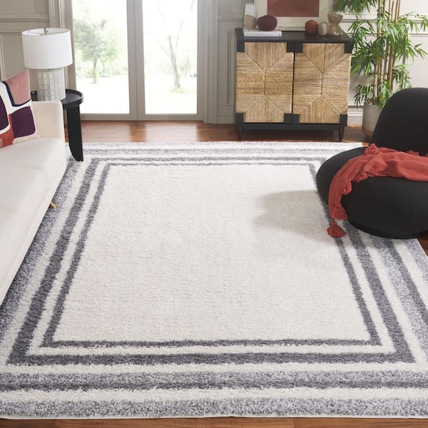 Border and Stripe Shag 9 ft. x 12 ft. Ivory/Gray Concentric Border Area Rug