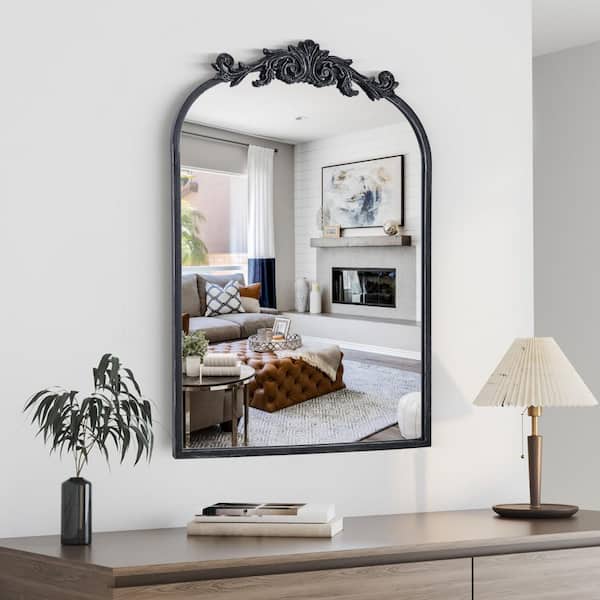 Elevatehome 24 in. W x 36 in. H Arched Antique Black Finish Framed Baroque Accent Wall Decorative Mirror