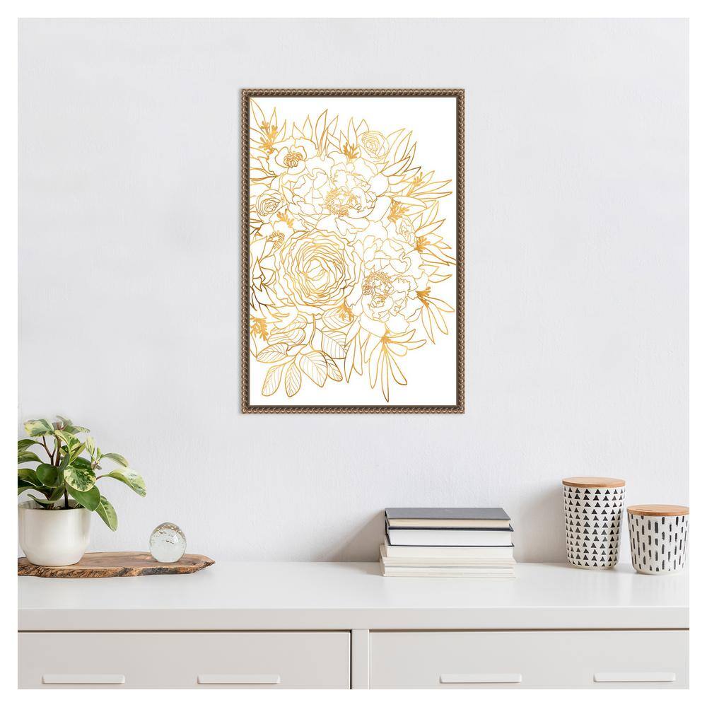 Gold Botanical-Inspired Floral Canvas Print with Beaded Frame