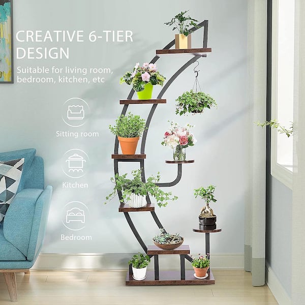 6-Tier 9 Potted Curved Plant Stand with Rustic Brown X002W53I1Z - The Home Depot