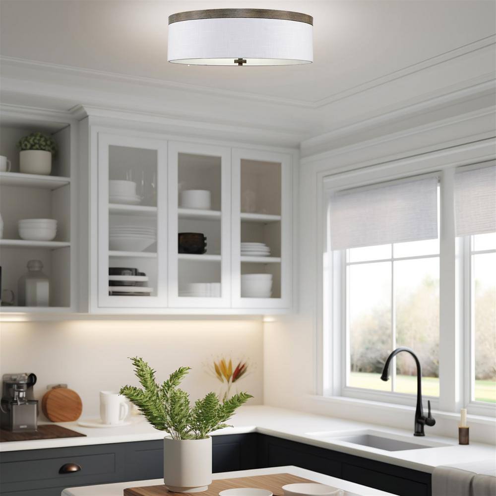 Walker 20" Gray Oak Wood Style 3-Light Flush Mount with White Linen Shade