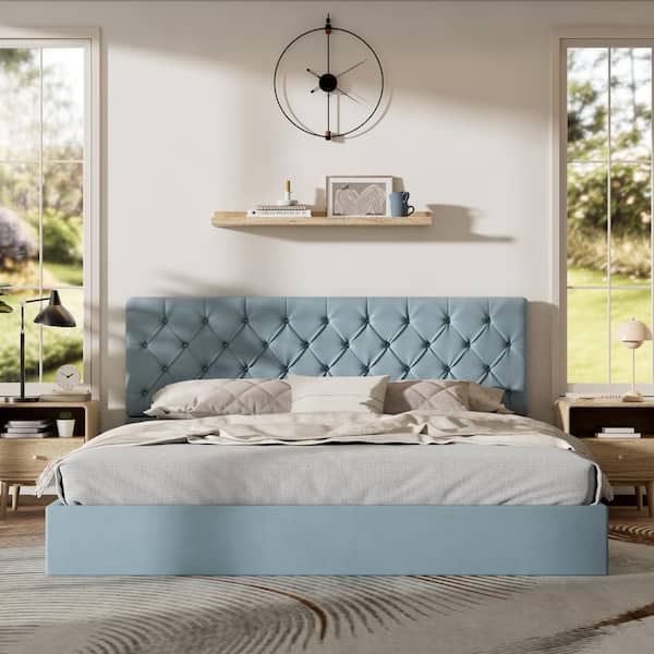 Ahokua Aqua Blue Frame King Size Upholstered Platform Bed with Lift-up Storage Supported by Metal and Wooden Slats