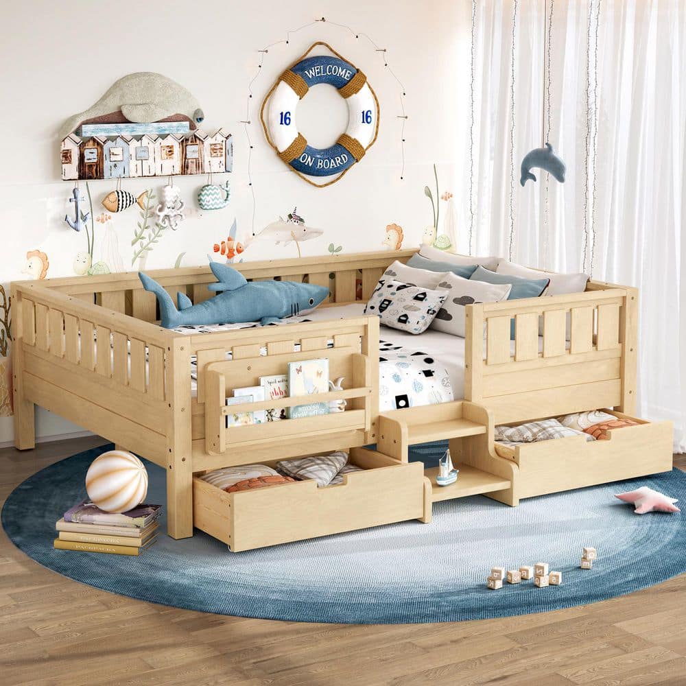 Light Natural Full Platform Bed with Safety Staircase and Rails, Built-in Bookshelves and 2-Drawers price history on PriceWatchPro