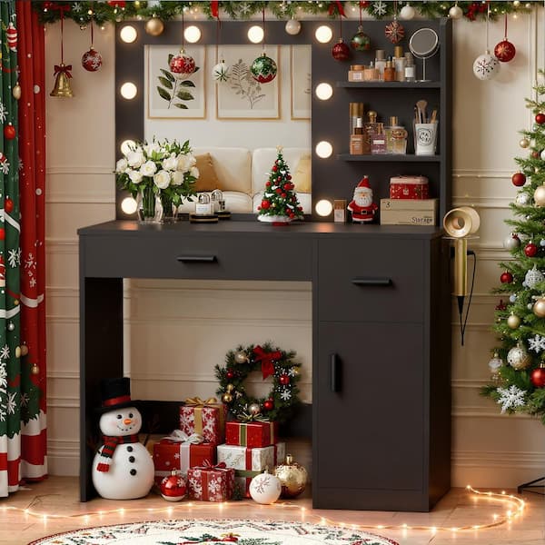 Vanity Desk with Lighted Mirror & Power Outlet, Makeup Vanity with Drawer & Cabinet Black