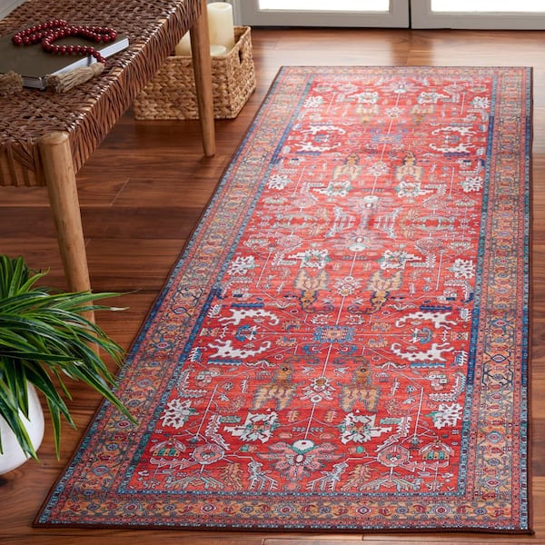 Tucson Rust/Navy 3 ft. x 18 ft.Machine Washable Abstract Aztec Border Runner Rug