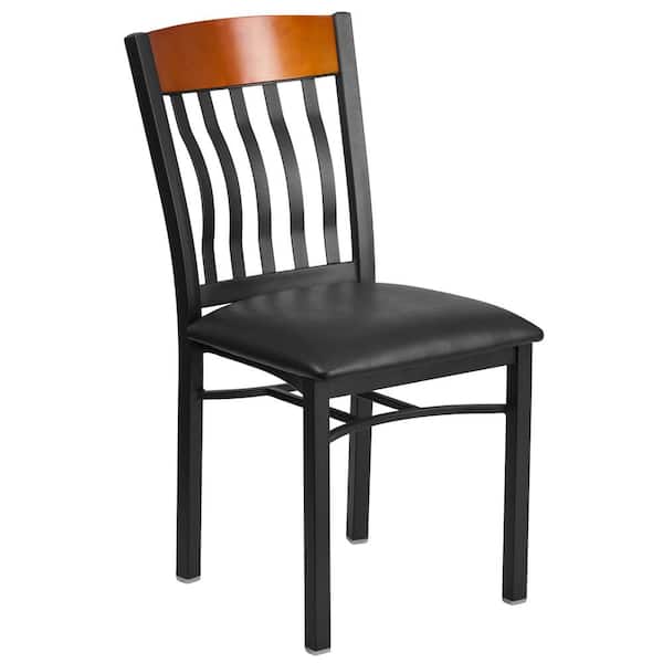 Flash Furniture Eclipse Series Black Vertical Back Metal and Cherry Wood Restaurant Chair with Black Vinyl Seat
