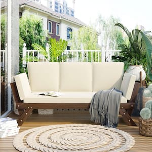 Wood Outdoor Chaise Lounge, Adjustable Patio Wooden Day Bed Sofa with Cushions for Small Places, Beige Cushions