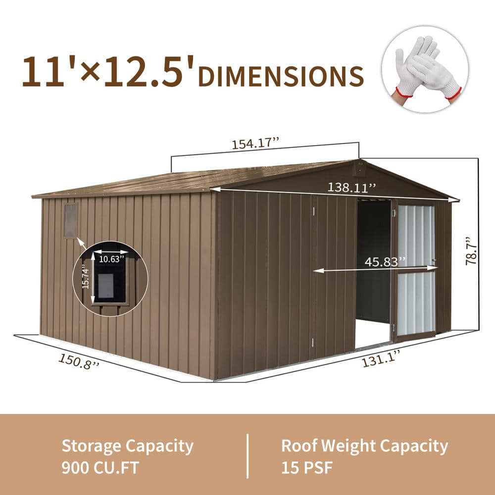 Brown 11' x 12.5' Metal Garden Shed with Windows