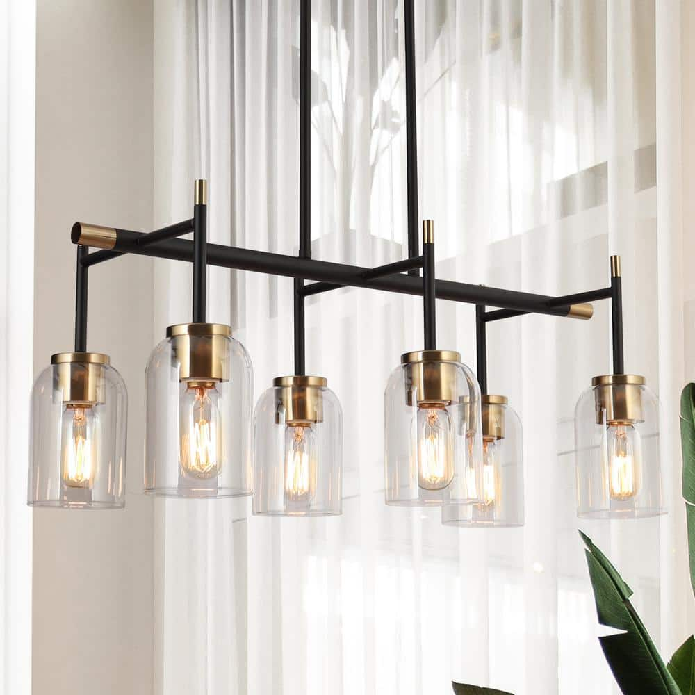 Zevni 6-Light Black Modern Island Chandelier, Transitional Brass Gold  Adjustable Hanging Pendant with Clear Cylinder Shade Z-D736FRAU-4576 - The  Home 