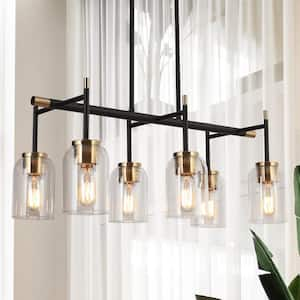 6-Light Black Modern Island Chandelier, Transitional Brass Gold Adjustable Hanging Pendant with Clear Cylinder Shade