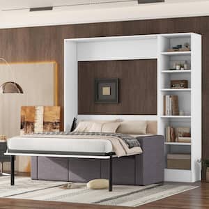 White Wood Frame Full Murphy Bed Wall Bed with Sofa and Storage Shelves