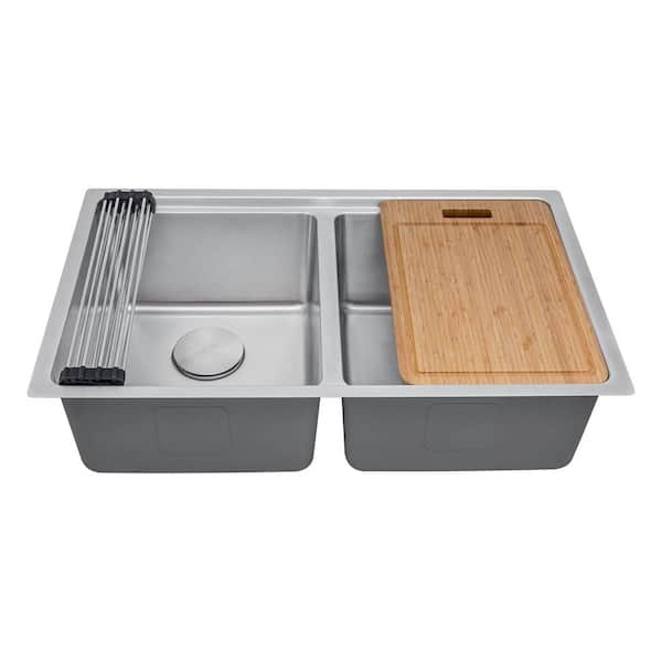 Renaro 31 in. Undermount Double Bowl 16-Gauge Stainless Steel Workstation Kitchen Sink with Accessories